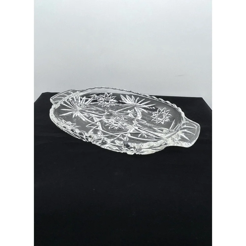 Vintage Clear Pressed Glass Divided Relish Dish Starburst Pinwheel Oval